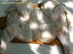 2) Подготовленную тушку курицы надрезать вдоль брюшка, развернуть и отбить тяпкой так, чтобы тушка приняла плоскую форму