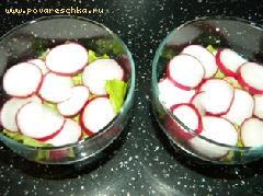 2) Редиску помыть, порезать кружочками и выложить в креманки поверх салата